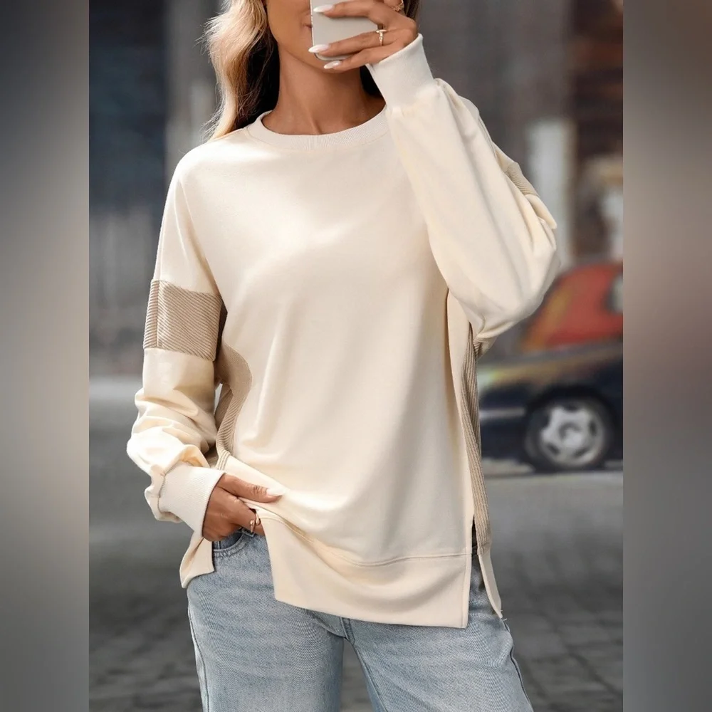Slit Round Neck Long Sleeve Sweatshirt